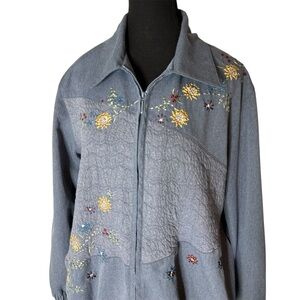 ALFRED DUNNER Blue Lightweight Floral Jacket Flower Embellishments Sz 14 *FLAW*